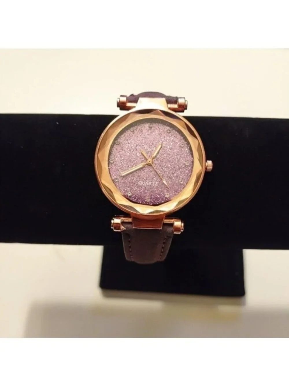 Rose Gold Quartz Watch With Glitter Dial & Purple Leather Strap-LIKE NEW-WORKS